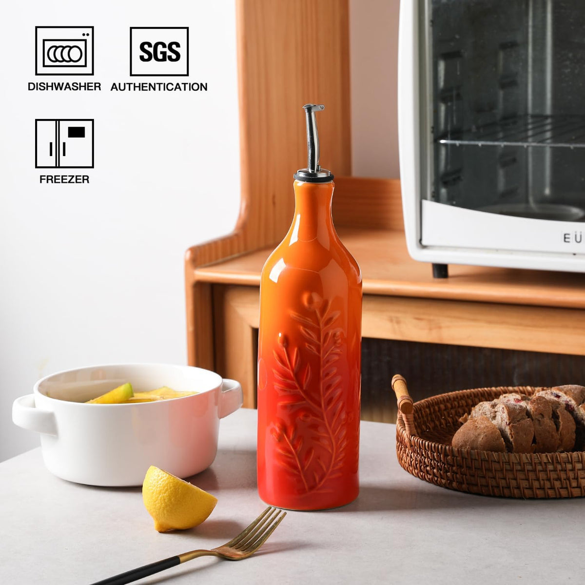 Sweejar Large Olive Oil Dispenser Bottle with Spout, 24 Oz Ceramic Oil Dispenser for Kitchen, Relief Opaque Cruet, Container for Cooking, EVOO, Vinegar, Pack of 1 (GradientOrange)
