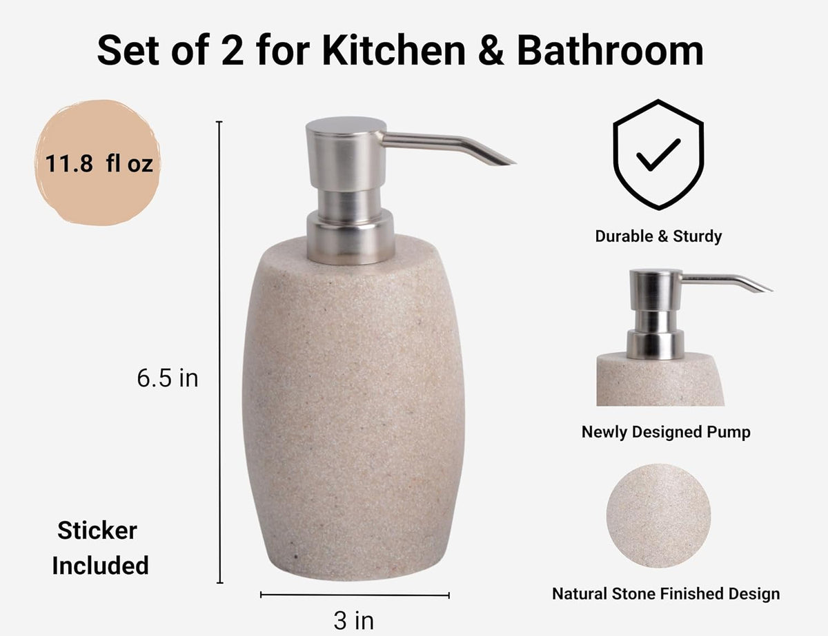 Sandstone Textured Resin Soap Dispenser with Metallic Pump and Waterproof Bottle Labels for Bathroom Kitchen Dish Hand Wash Shower Lotion Shampoo, 12 Oz, 2 Sets Beige