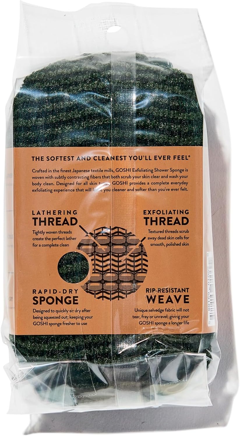 GOSHI Exfoliating Shower Sponge - Rip-Resistant, Rapid-Drying Exfoliating Bath Sponge for All Skin Types - Moss Green - Made in Japan