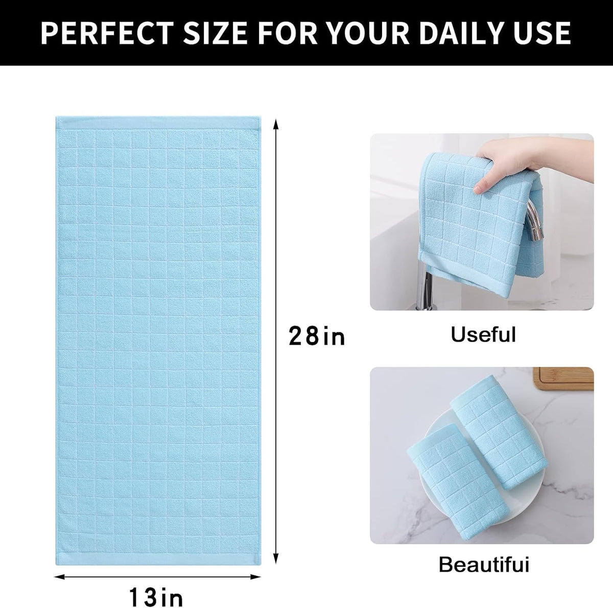 Homaxy 100% Cotton Terry Kitchen Towels(Sky Blue, 13 x 28 inches), Checkered Designed, Soft and Super Absorbent Dish Towels, 8 Pack
