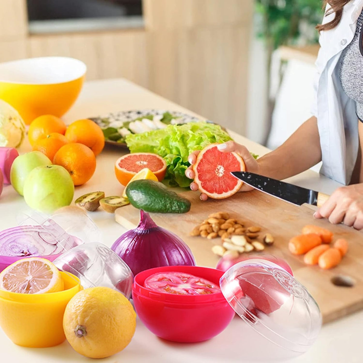 Vegetable and Fruit Storage Containers for Fridge, 3 Pieces BPA Free Reusable Food Saver - Tomato, Lemon, Onion Keeper Holder - Refrigerator Vegetable Crisper for Keeping Food Fresh Longer