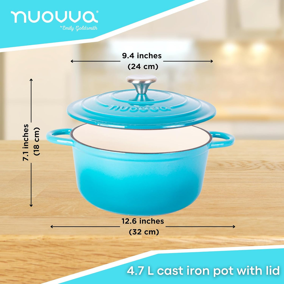 Cast Iron Pot with Lid – Non-Stick Ovenproof Enamelled Casserole Pot, Oven Safe up to 500° F – Sturdy Dutch Oven Cookware – Blue, 5-Quart, 24cm – by Nuovva