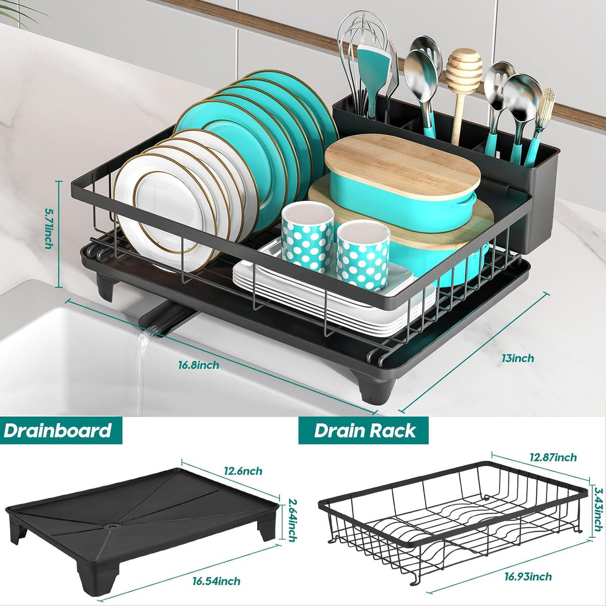 MERRYBOX Dish Racks for Kitchen Counter, 2025 Upgrade Large Sink Dish Drying Rack with 3-Compartment Utensil Holder 16.8" D x 13" W x 5.71" H