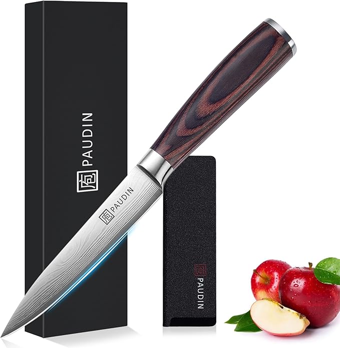 PAUDIN Utility Knife, 5 Inch Chef Knife, Ultra Sharp High Carbon Stainless Steel, Multipurpose Paring Knife for Fruit and Vegetable Cutting with Wooden Handle, Premium Gift Box