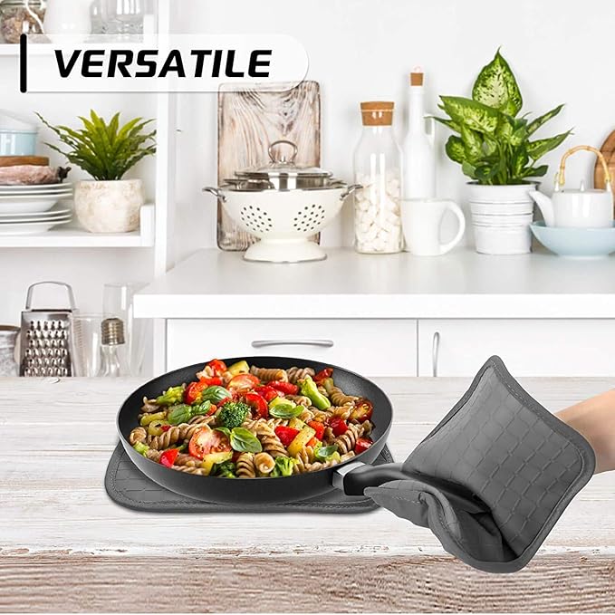 HOMWE Silicone Oven Mitts and Pot Holders for Kitchen & Baking - Set of 4 Heat-Resistant, Heavy-Duty Cooking Mittens w/Non-Slip, Textured Grip (Black)