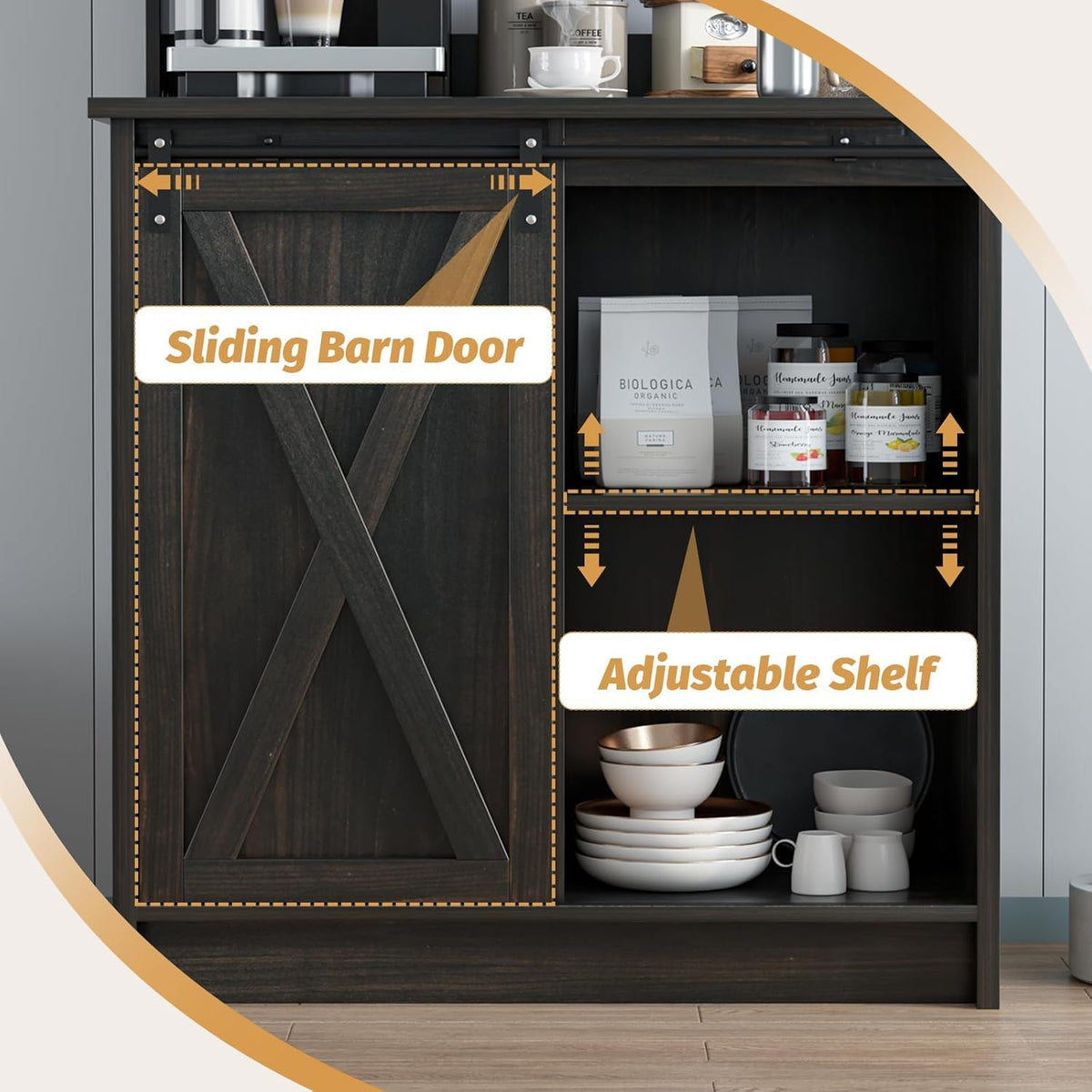 4ever2buy Farmhouse Coffee Bar with Hutch, 31 Inch Buffet Cabinet with Sliding Barn Door, Storage Bar Cabinet with 6 Hooks, Coffee Bar Table with Adjustable Shelves for Living Dining Room, Oak
