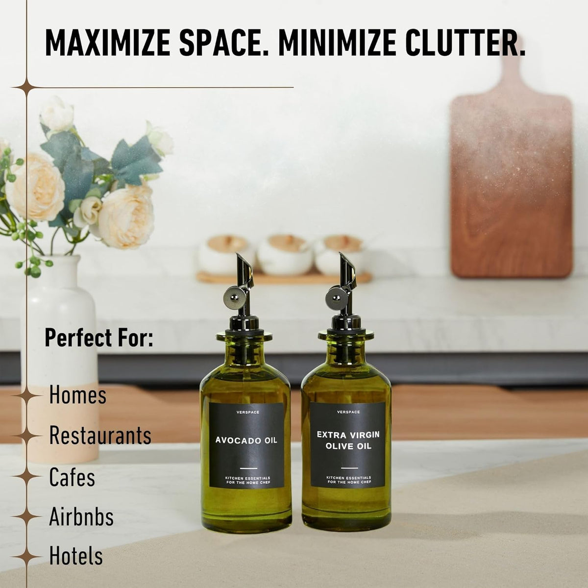 Green Glass Olive Oil Dispenser Bottle For Kitchen By Verpsace,Avocado Oil Dispenser Set, Modern Decor, Gold Kitchen Accessories for Home, Airbnb, Cafe (Black, Set of 2)