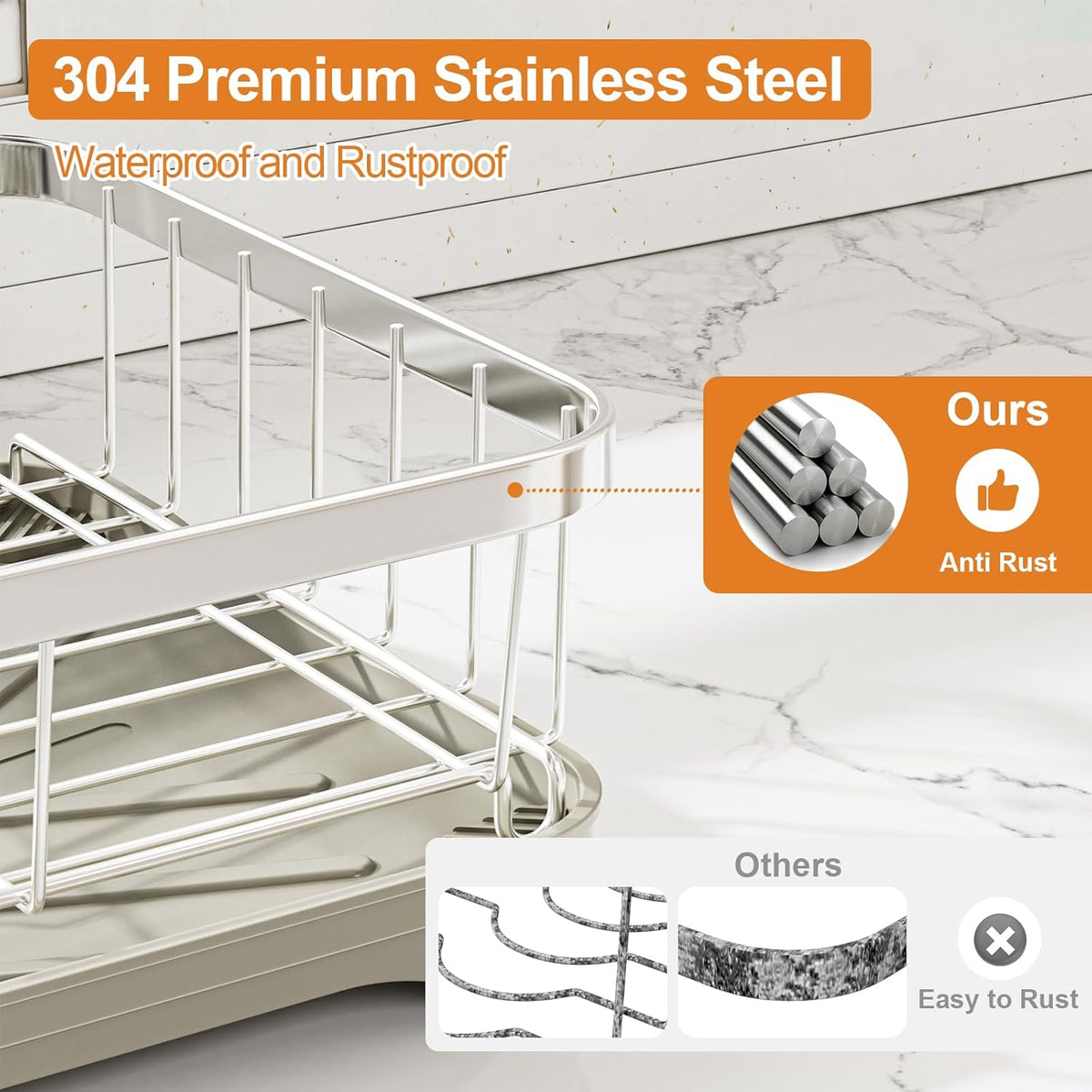Stainless Steel Dish Drying Rack – 304 Grade Dish Racks for Kitchen Counter with Utensil Holder & Adjustable Spout, Space-Saving Organizer, 16.5" x 11.8" x 5.3" Grey