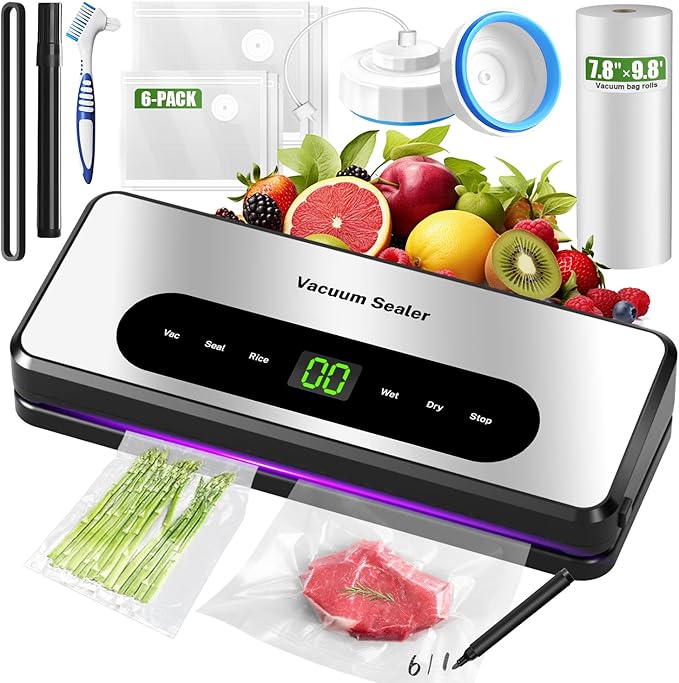 Vacuum Sealer for Food, Food Saver Vacuum Sealer Machine, Powerful Suction, Build-in Cutter, UV Compact Food Sealer, Dry&Wet Modes, Vacuum Sealer Kit with Bag Roll&Mason Jars&Reusable Vacuum Seal Bags