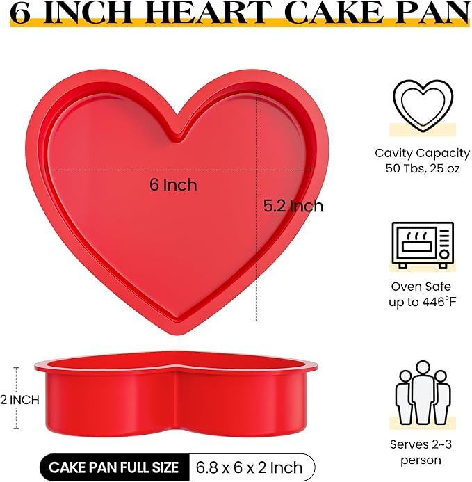 6 Inch Silicone Heart Shaped Cake Pans 2 Pcs Small Heart Cake Pan Set Nonstick Silicone Heart Molds for Baking (Red)