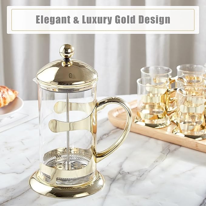 DUJUST Gold French Press Coffee Maker, Luxury Design French Coffee Press with 4-Level Filter System, High-Grade Glass for Hot & Cold Resistance, Include Long Size 304 Stainless Steel Spoon - 34oz