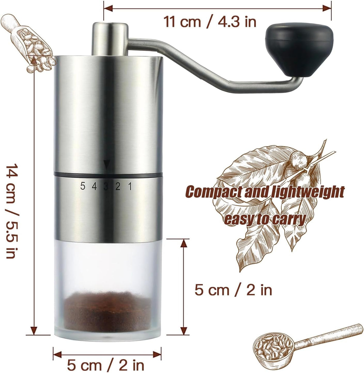 Portable Manual Coffee Grinder - Conical Burr with 5 Adjustable Settings for Smooth Grinding, Perfect for Espresso Enthusiasts at Home, Office, or Camping