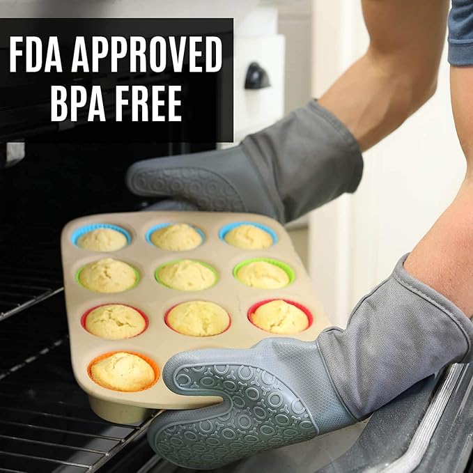 BPA-Free Soft Silicone 4 Piece Oven Mitts & Trivets Set - Ultra Heat Resistant Oven Mitts with Thick Cotton Liner - Long Slip Resistant Pot Holders, Flexible Oven Gloves - Navy