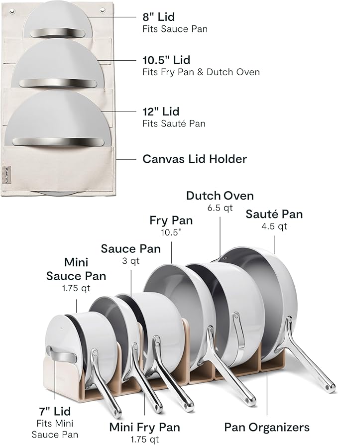 Caraway Deluxe Non-stick Ceramic Cookware Set (16 Piece) Pots, Frying Pans, Lids and Kitchen Storage - PFAS & PFOA Free - Oven Safe Pan Set & Compatible with All Stovetops - Gray