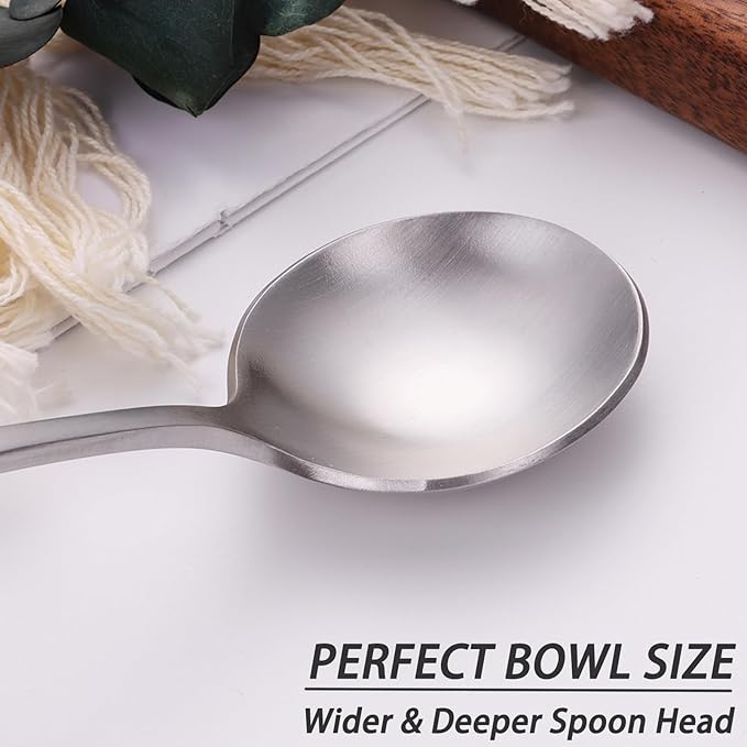 7" Elegant Soup Spoons Silverware Set,18/10 Stainless Steel,Matte Satin Finish,Dishwasher Safe(Set of 4,Silver)