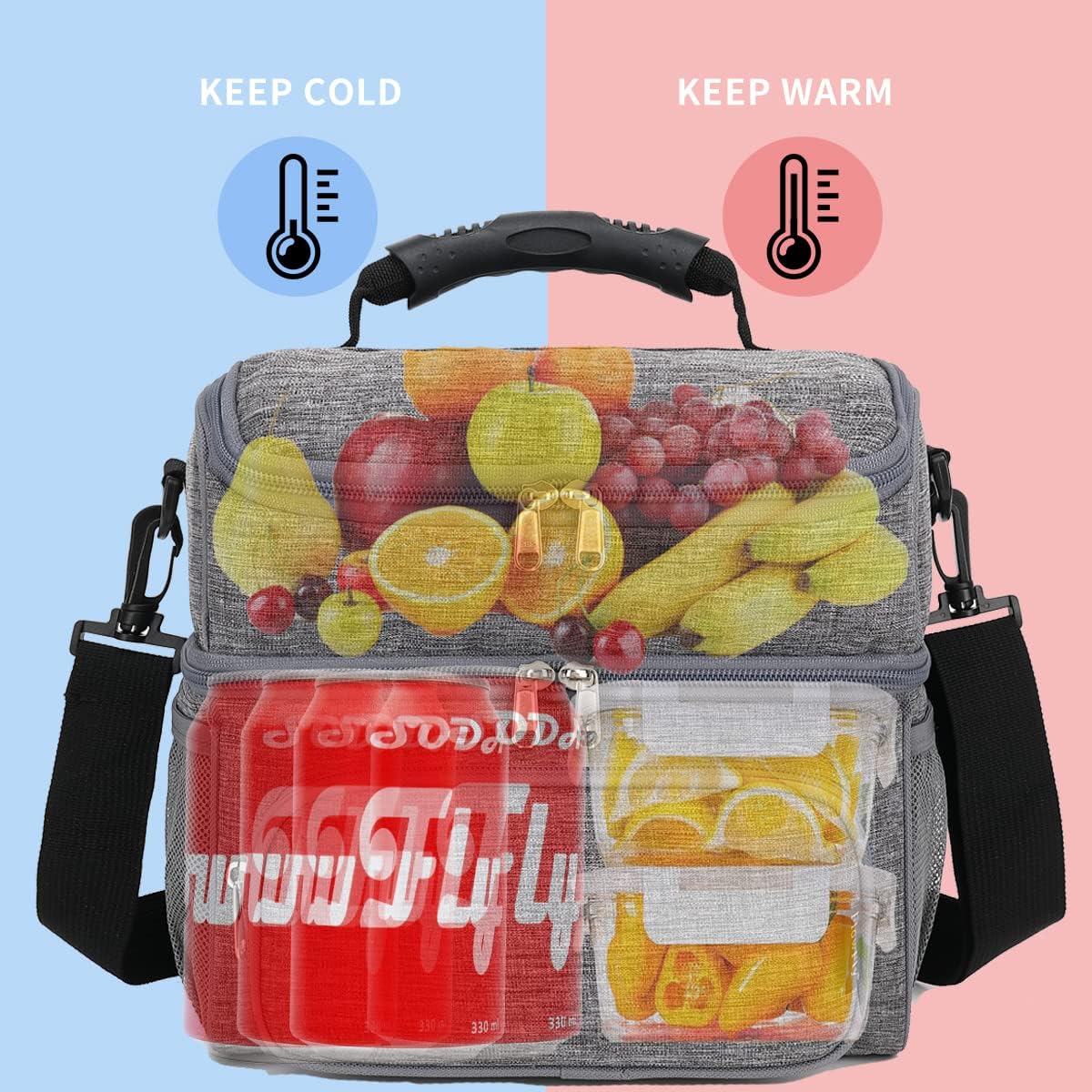 FlowFly Double Layer Cooler Insulated Lunch Bag Adult Lunch Box Large Tote Bag for Men, Women, With Adjustable Strap,Front Pocket and Dual Large Mesh Side Pockets