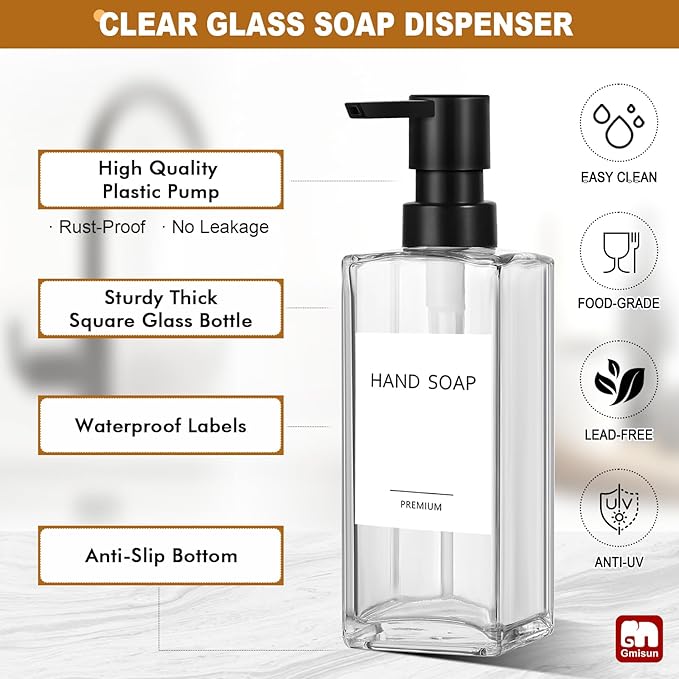 GMISUN Kitchen Soap Dispenser Set, 12 fl oz / 350 ml Dish Soap Dispensers with Sponge Holder, Customized Clear Glass Dish soap Dispenser for Kitchen, Modern Soap Dispensers Set Removable