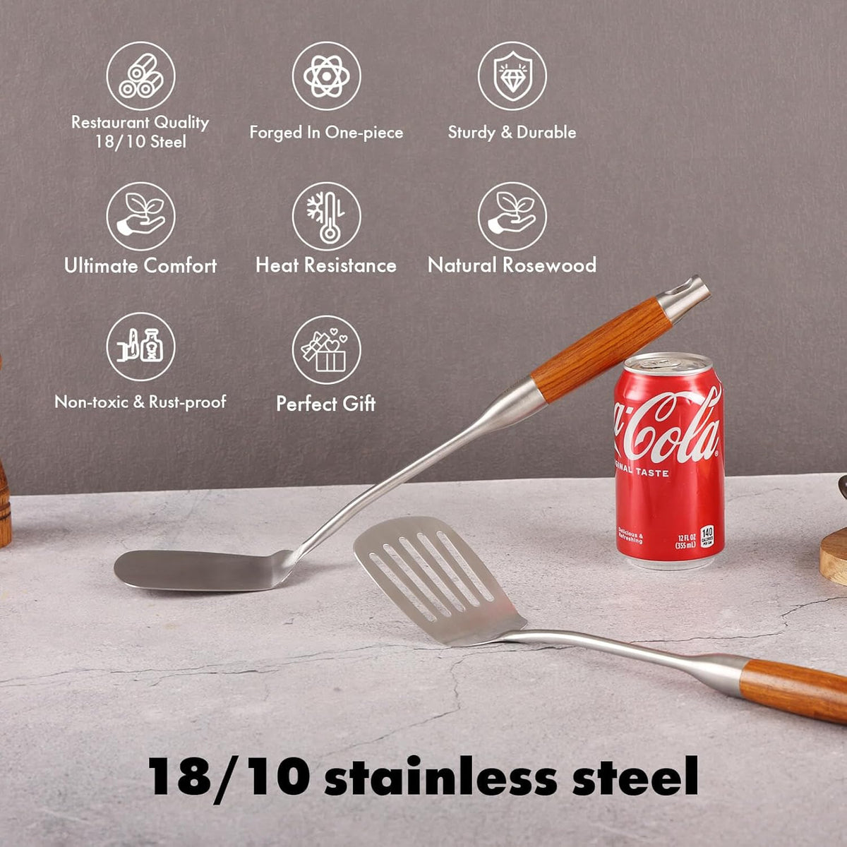 18/10 Stainless Steel Spatulas Set - 15” Long Spatulas for Kitchen, Metal Cooking Utensils - 1 Slotted Spatula + 1 Solid Turner (style B - roosewood handle)