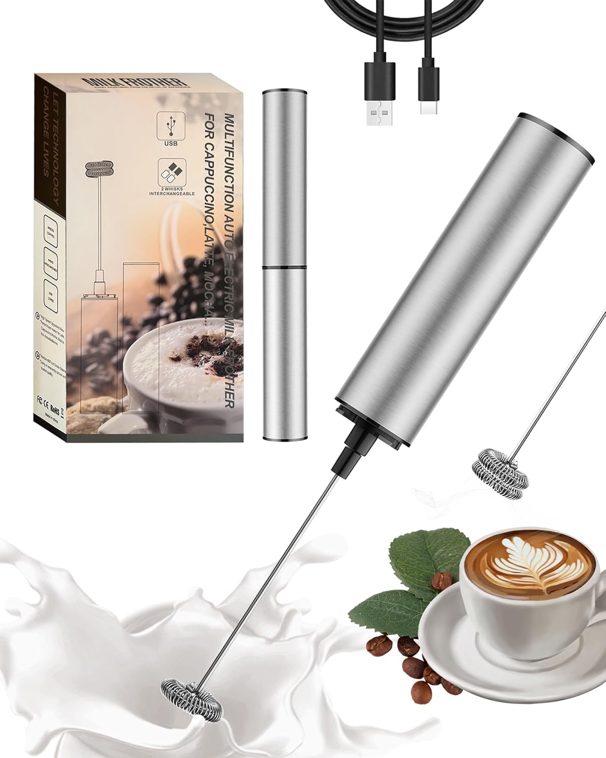 Milk Frother Rechargeable with Cover - Coffee Frother Wand, Drink Mixer Handheld with 2 Detachable Stainless Whisks 2 Speed Adjustable for Latte, Cappuccino, Hot Chocolate, Egg, Silver