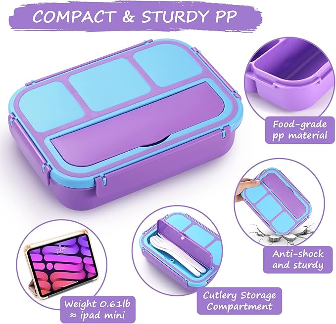QQKO Bento Lunch Box for Kids Girls Boys, Toddler Kids Lunch Boxes for School, Lunch Containers for Adults with 4 Compartments, Sauce Container, Utensils, Food Picks and Muffin Cups, Purple