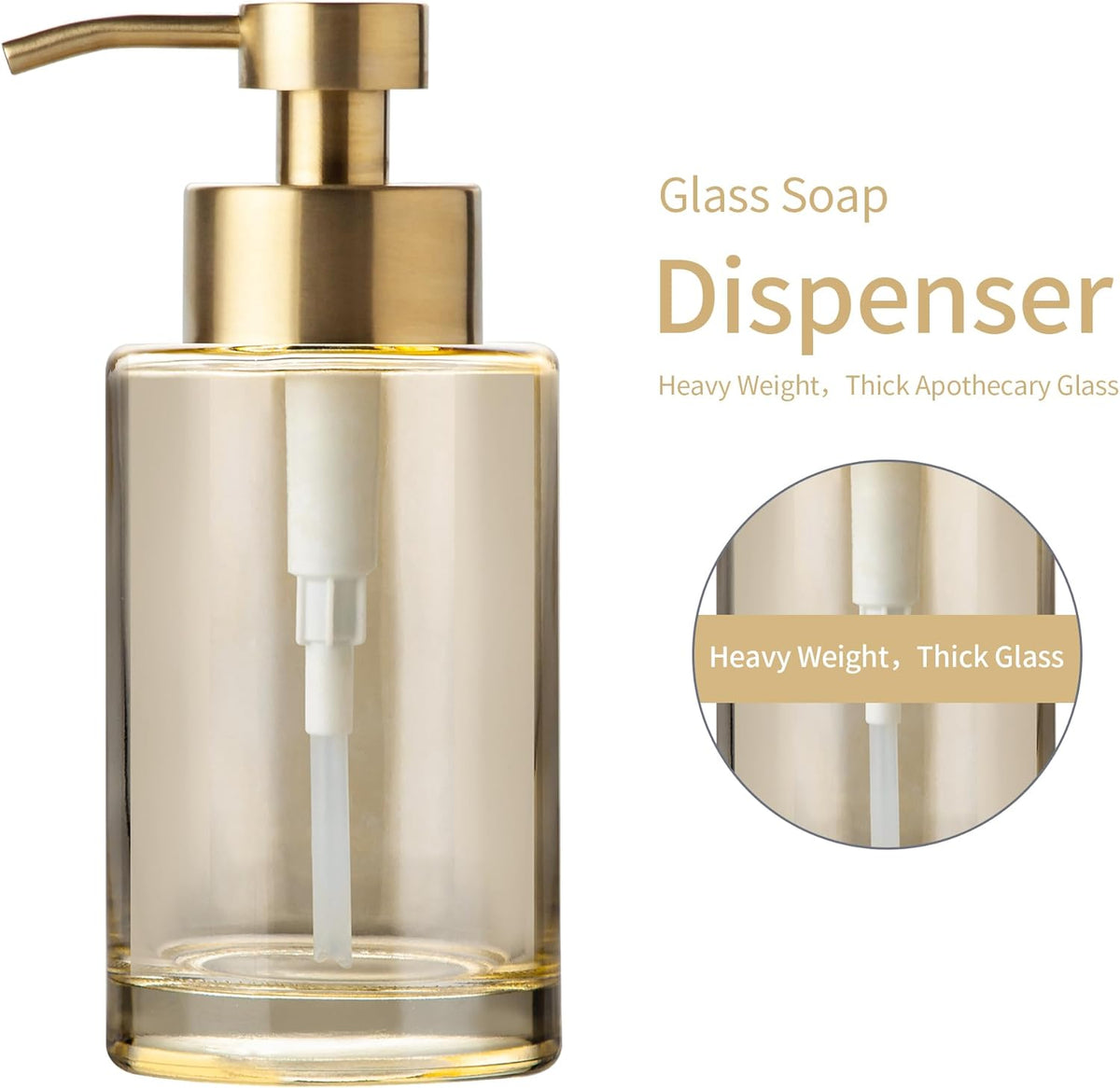 Enra Thick Glass Soap Dispenser with Stainless Steel Pump,12oz Gold Bathroom Hand Liquid Soap Dispensers,Lotion Dispenser,Soap Dispenser for Bathroom,Kitchen
