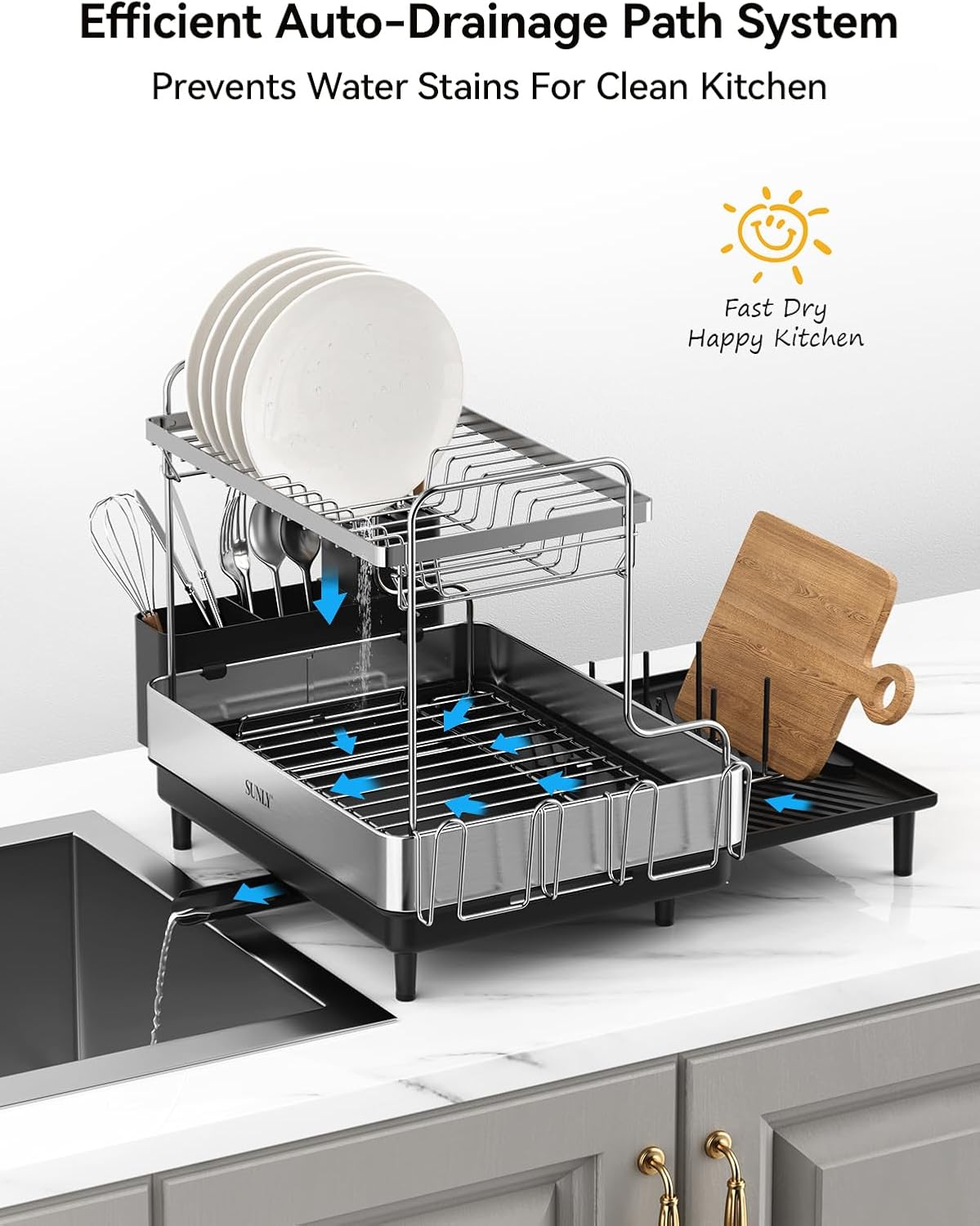 SUNLY 2 Tier Dish Drying Rack, Extra Large Dish Rack, Expandable Dish Racks for Kitchen Counter, Multifunctional Large Dish Drainers for Kitchen Counter, Black