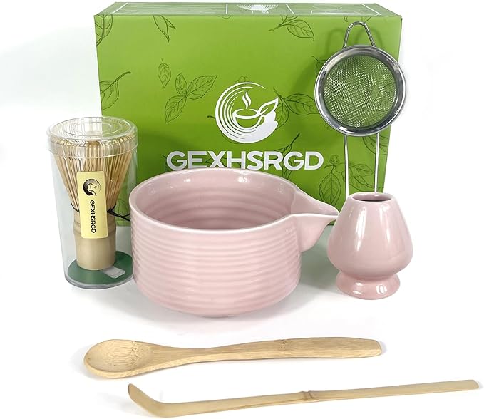 Matcha Whisk Set 6 pc Kit - Traditional Japanese Chasen, Bamboo Whisk Holder, Ceramic Bowl with Spout, Sifter & 2 pc Spoons - matcha kit set, Gift for Matcha Tea Lovers(Pink)
