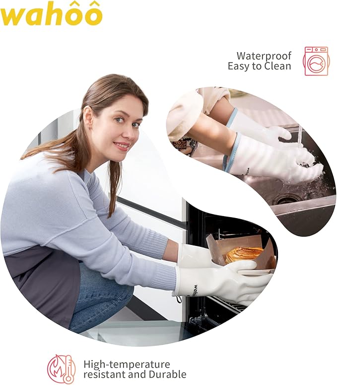 wahoo Professional Liquid Silicone Oven Mitts Gloves, Heat Resistant Gloves for Cooking, Baking, CoralAir Liner, 12 Inch, White, Medium
