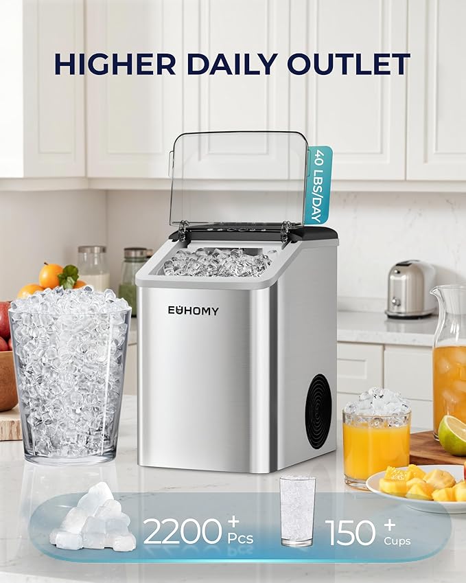 EUHOMY Nugget Ice Maker Countertop, Max 40lbs/Day, Auto-Cleaning, 2Qt Reservoir, Compact Sonic Ice Maker with 2.5lbs Basket and Scoop, Soft Chewable Nugget Ice for Home/Party/RV/Camping (Stainless)