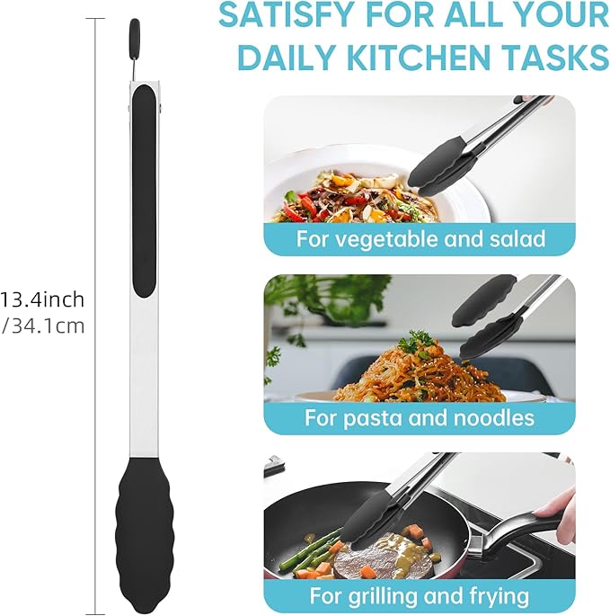 600℉ Heat Resistant Kitchen Tongs for Cooking with Silicone Tips,Maywe Tanso 12-Inch Stainless Steel Locking Cooking Tongs Food Tongs for BBQ,Cooking,Salad and Serving Food,Heavy Duty,Non-Stick,Black