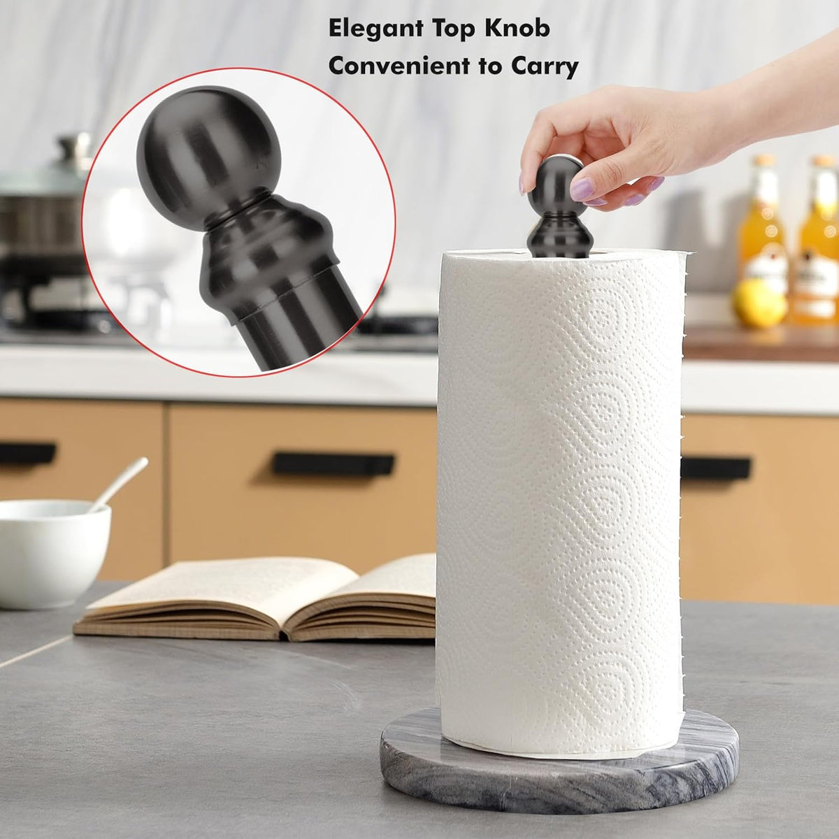 Black Paper Towel Holder Countertop with Heavy Marble Base, Standing Paper Towel Roll Holder for Kitchen Bathroom, with Weighted Base for One-Handed Operation