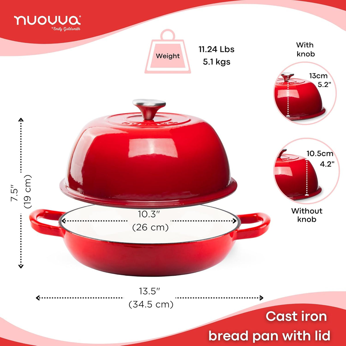 Enamelled Cast Iron Dutch Oven Pot – Dutch Oven For Sourdough Bread Baking – Cast Iron Bread Pot – Red, 6 Quarts, 22cm – by Nuovva