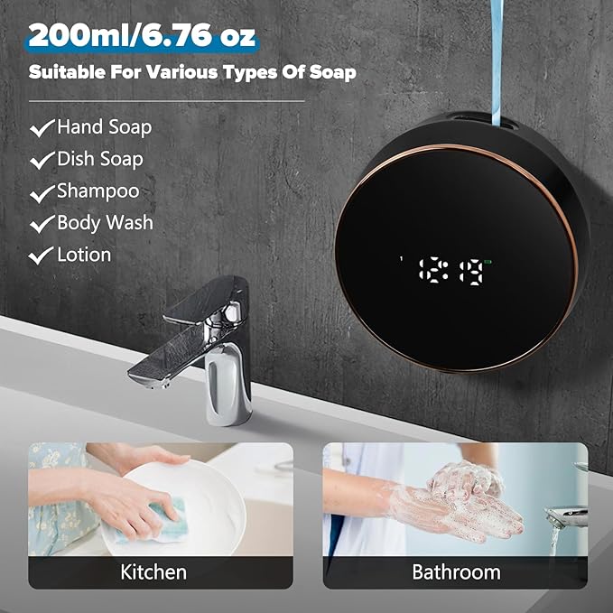 Automatic Soap Dispenser Liquid Bathroom: Wall Mount Rechargeable Touchless Adjustable Auto Smart Electric Plastic Black Soap Dispenser with Clock - Kitchen - Hand Dish Lotion Couple Kids