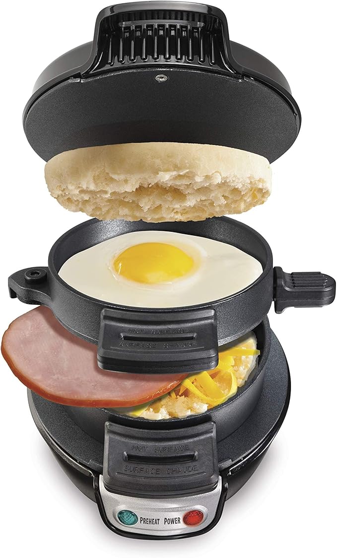 Hamilton Beach Breakfast Sandwich Maker with Egg Cooker Ring, Customize Ingredients, Perfect for English Muffins, Croissants, Mini Waffles, Perfect White Elephant Gifts, Black (25477)