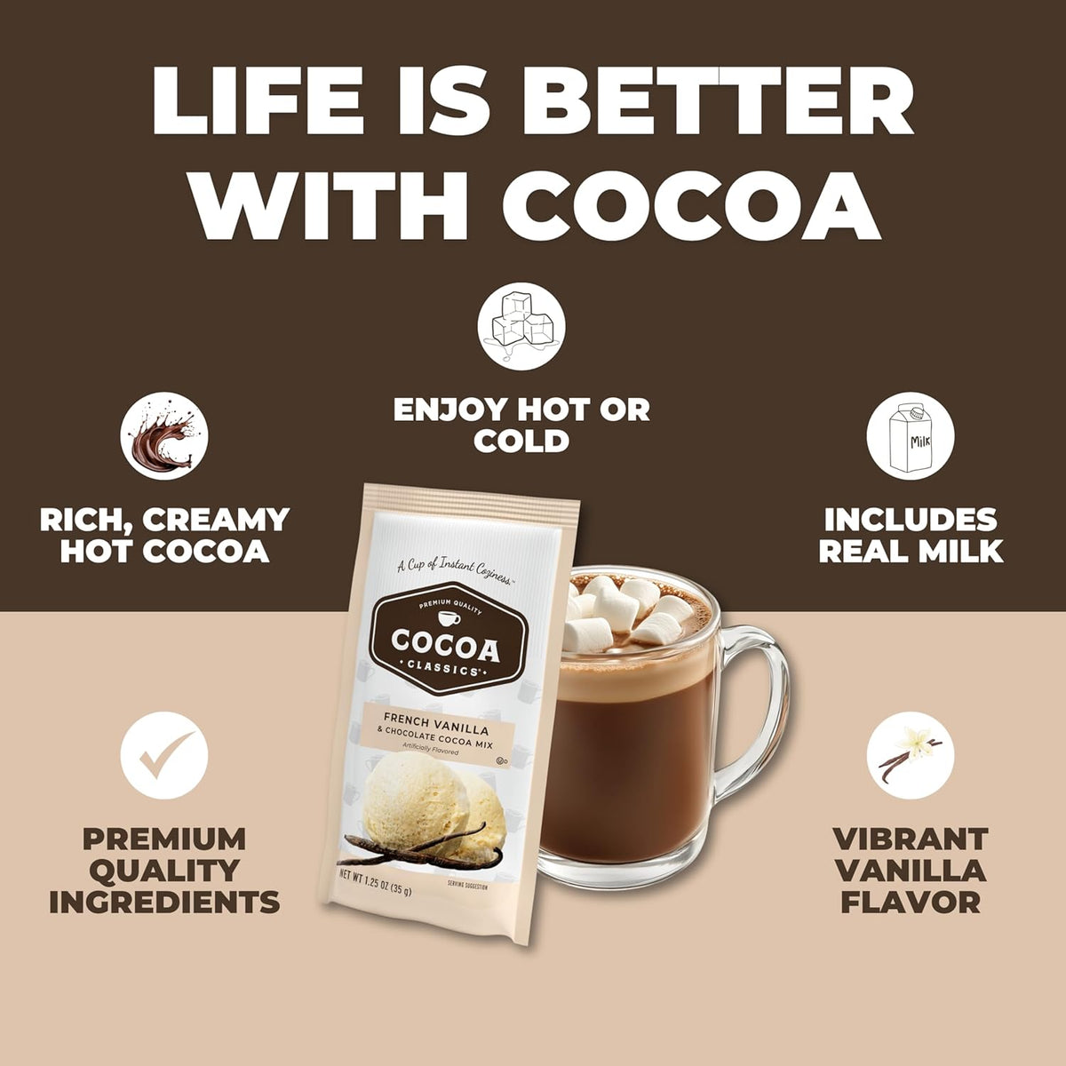 Cocoa Classics French Vanilla Cocoa Mix Hot Chocolate Made with Nonfat Milk Just Add Hot Water Make Hot or Iced Cocoa Gluten Free & Kosher Dairy Friendly 1.25oz Packets (Pack of 36)