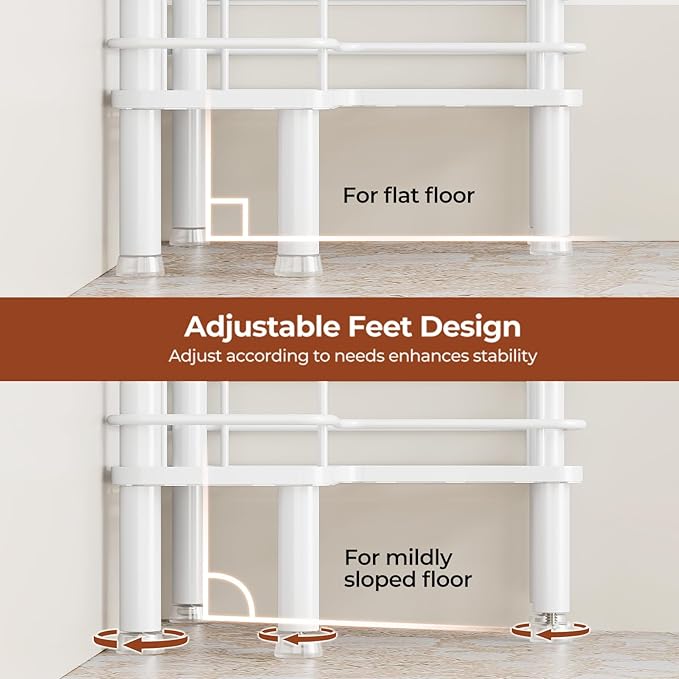 Orimade Rustproof 3 Tier Floor Standing Corner Shower Caddy Organizer with Toothbrush Holder, Large Spacing Floor Shower Shelf Rack Storage Stands with Hooks for Bathroom Kitchen, White