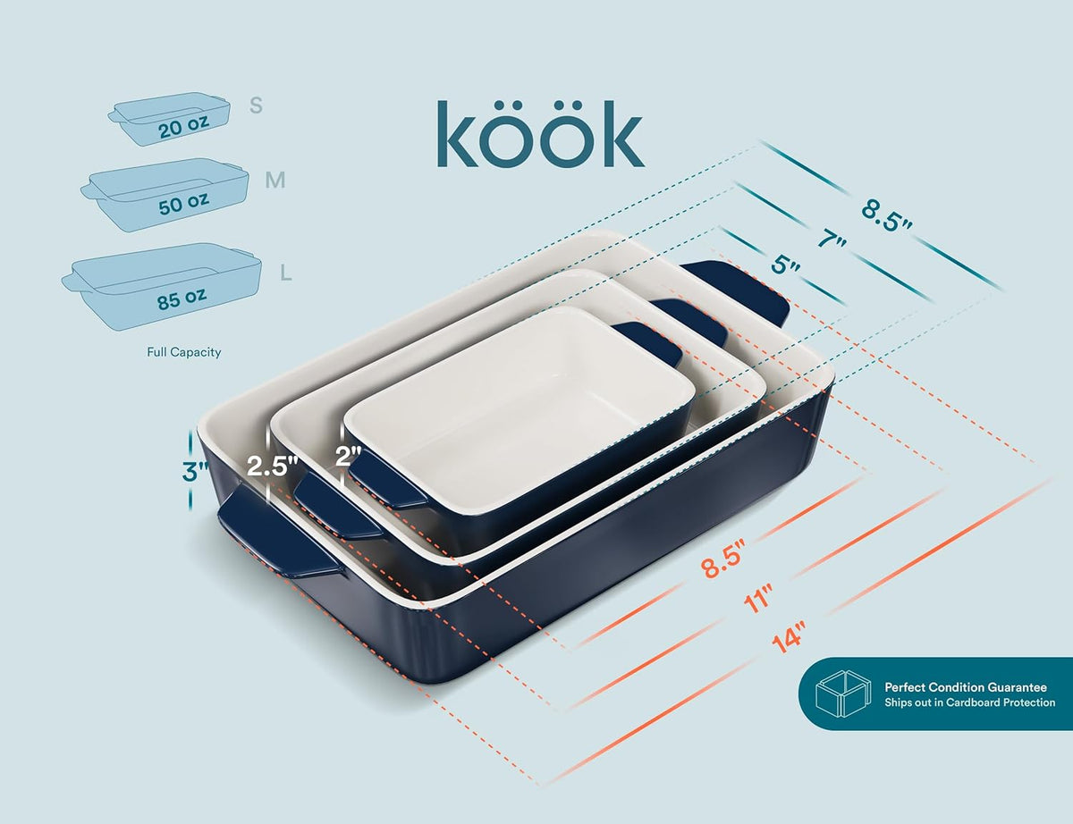 Kook Casserole Dish, Ceramic Baking Dish, Large Lasagna Pan Deep for Oven, 8.5 x 14, 11 x 7, 8 x 5, Set of 3, 92oz, 50oz, 20oz, Baking Pan with Handles, Oven Safe and Durable, Home, Gift, (Navy)