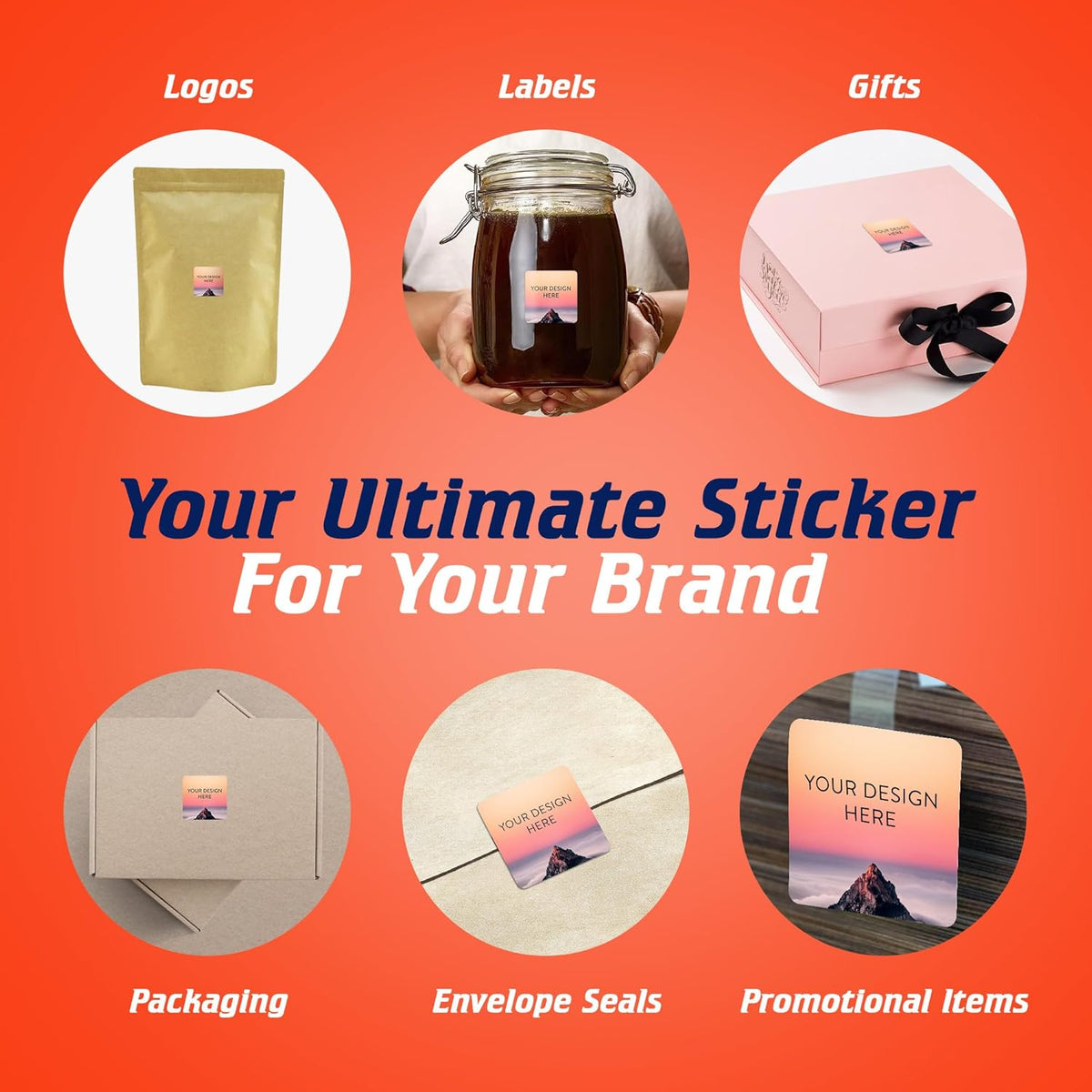100 Custom Vinyl Stickers - Upload Your own Image, Text, Design, Logo - Personalized Logo Labels for Handmade, Packaging, Bottle, Jars, Candle, Brand Stickers (Mountain, 2x2 Square)