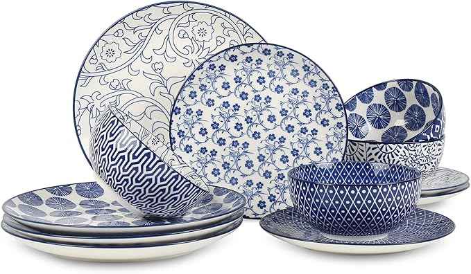 Selamica Ceramic Dinnerware Sets, 12-Pieces Plates and Bowls Sets, Scratch Resistant Dishes set for 4, Dishwasher & Microwave Safe,Vintage Blue