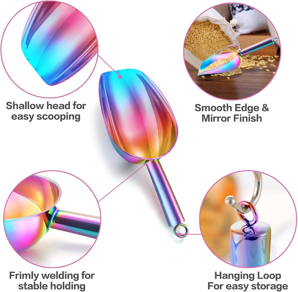 TeamFar 5oz Ice Scoop, Stainless Steel Food Scoop Metal Ice Scooper for Kitchen Bar Party Wedding, Heavy Duty & Sturdy, Easy Storage & Versatile, Mirror Finish & Smooth Edge, Colorful