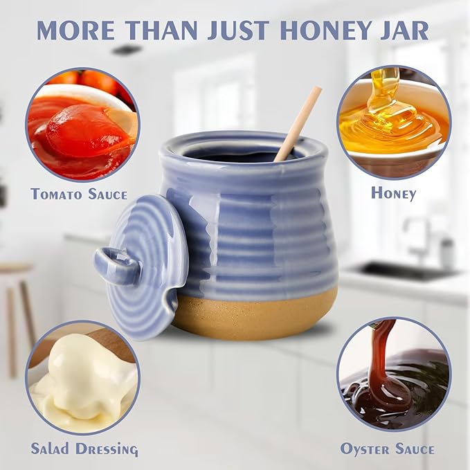 Hasense Honey Jar with Dipper, Ceramic Honey Dispenser Pot with Lid and Wooden Dipper, Vintage 12 oz Containers for Home Kitchen Coffee Bar Decor, Dishwasher Safe, Sky Blue