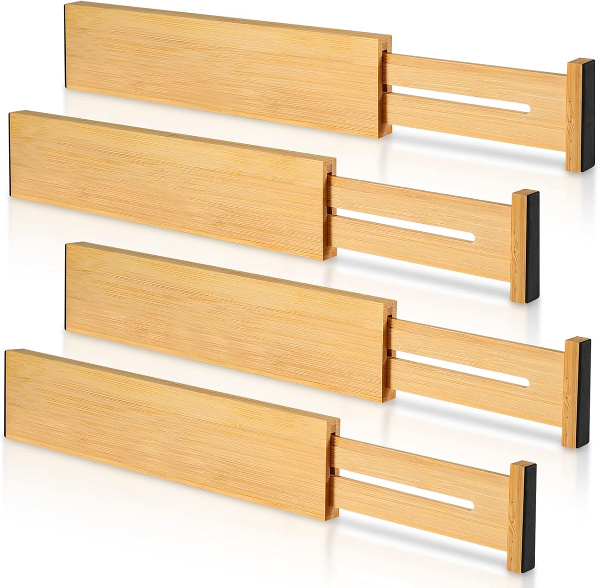 4 Pack Bamboo Drawer Dividers, Adjustable Length from 12 Inch to 17 Inch, Expandable Kitchen Drawer Organizer, Drawer Organization Separators for Clothes, Kitchen, Bedroom, Dresser, Office (Beige)