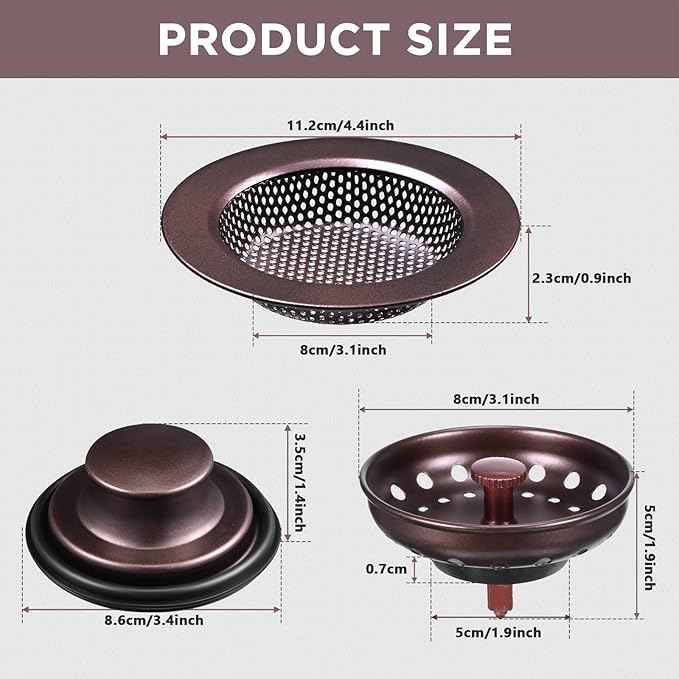 Mudder 3 Pcs Kitchen Sink Drain Strainer and Stopper Stainless Steel Garbage Disposal Plug with Handle Universal Anti-Clogging Kitchen Sink Filter Sieve Basket Strainer(Oil Rubbed Bronze)