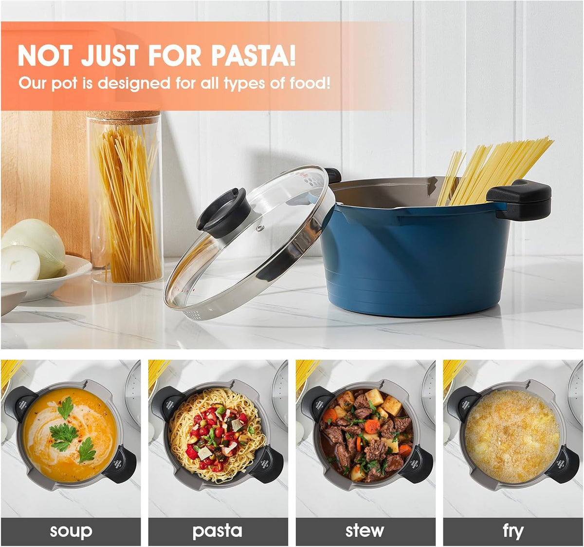 ACTIV CUISINE 5qt Pasta Pot with Strainer Lid, Cast Aluminum Stockpot Multipot, Nonstick Ceramic Coating make Cleanup easy with Tempered Glass Lid, Dishwasher Safe, Induction, Blue