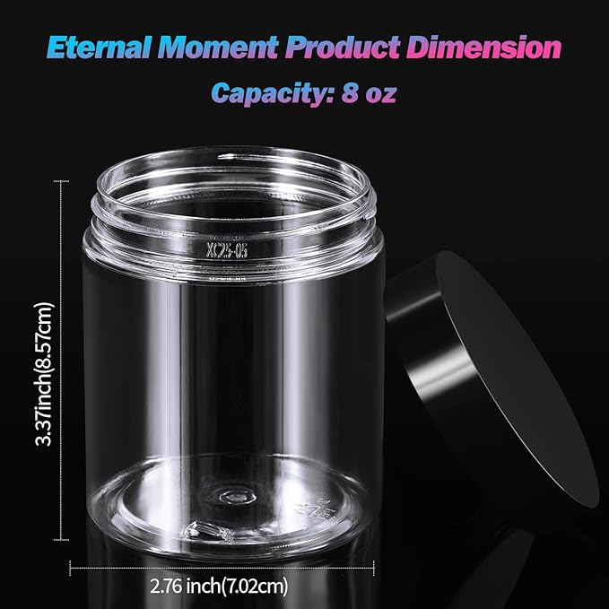 48 Pack 8 OZ Plastic Jars Round Clear Cosmetic Container Jars with Lids, Eternal Moment Plastic Slime Jars for Lotion, Cream, Ointments, Makeup, Eye shadow, Rhinestone, Samples, Pot, Travel Storage