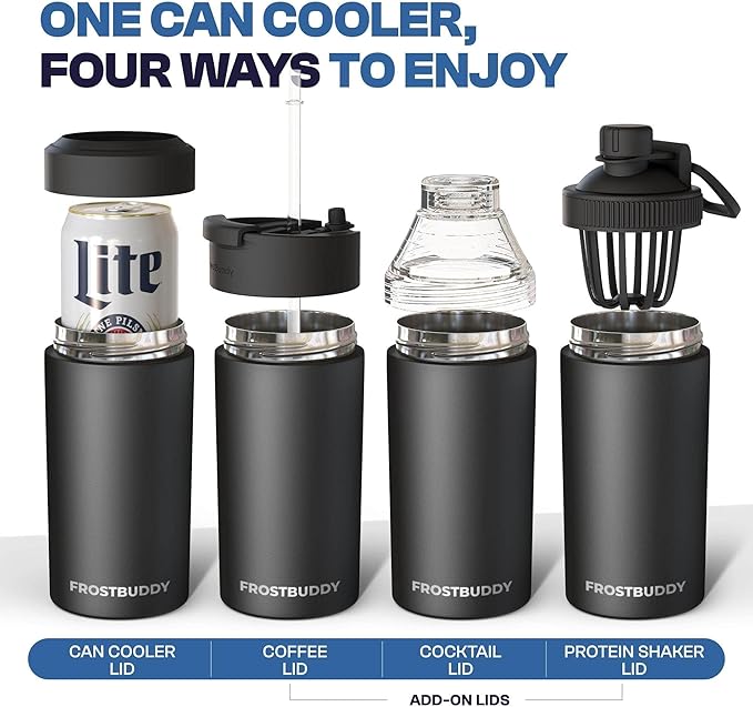 Frost Buddy Universal Can Cooler - Fits All - For Regular 12 & 16 oz or Slim-Size Bottles - Insulated Double-Walled Stainless Steel (MatteBlack)