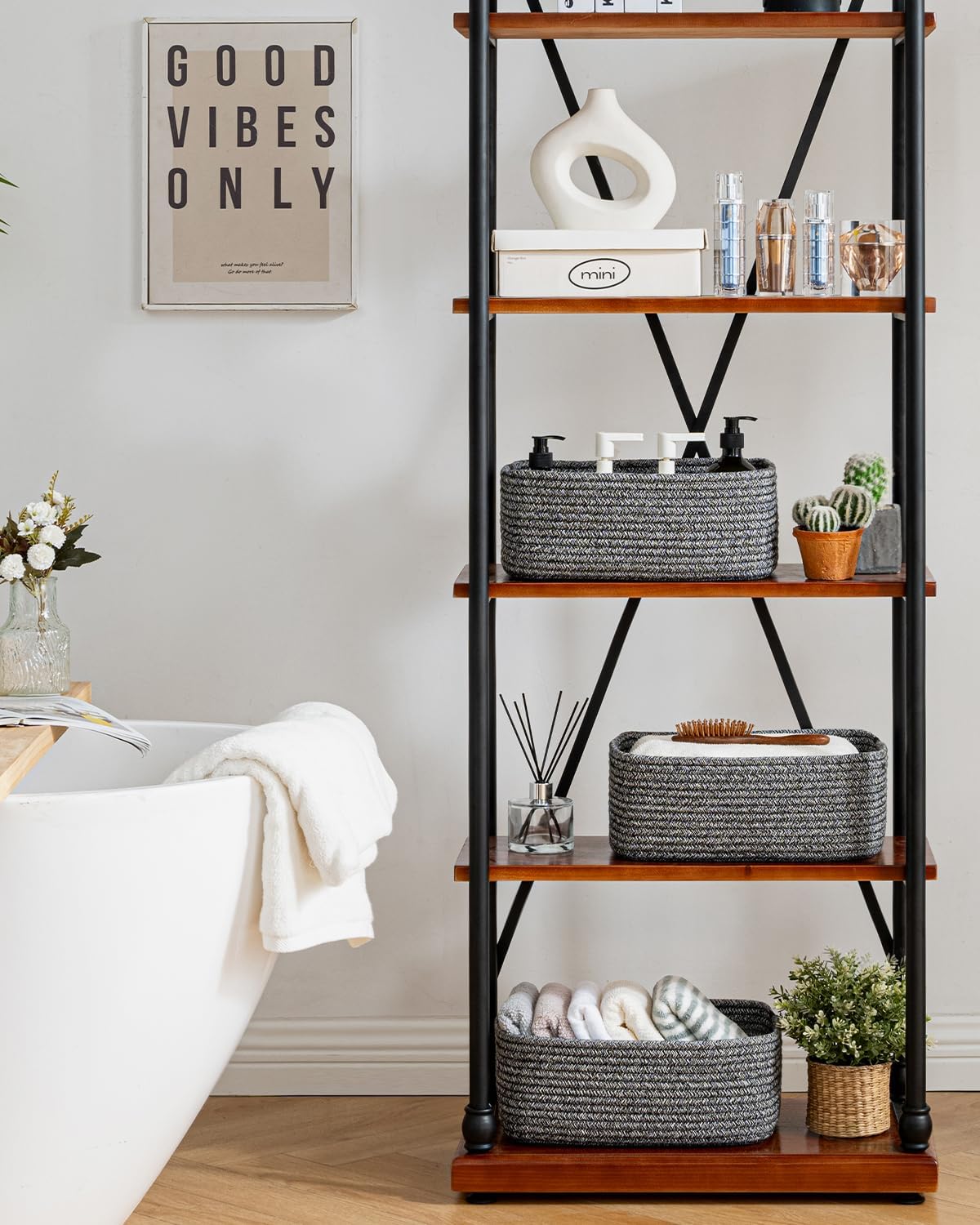 Small Woven Basket, 13.5 x 9.5 x 5 Inches, Storage Basket for Organizing, Cute Small Rope Shelf Closet Cube Storage Bins Baskets for Shelves, Dog Toy Gift Baskets Empty, 3 Pack Mixed Black