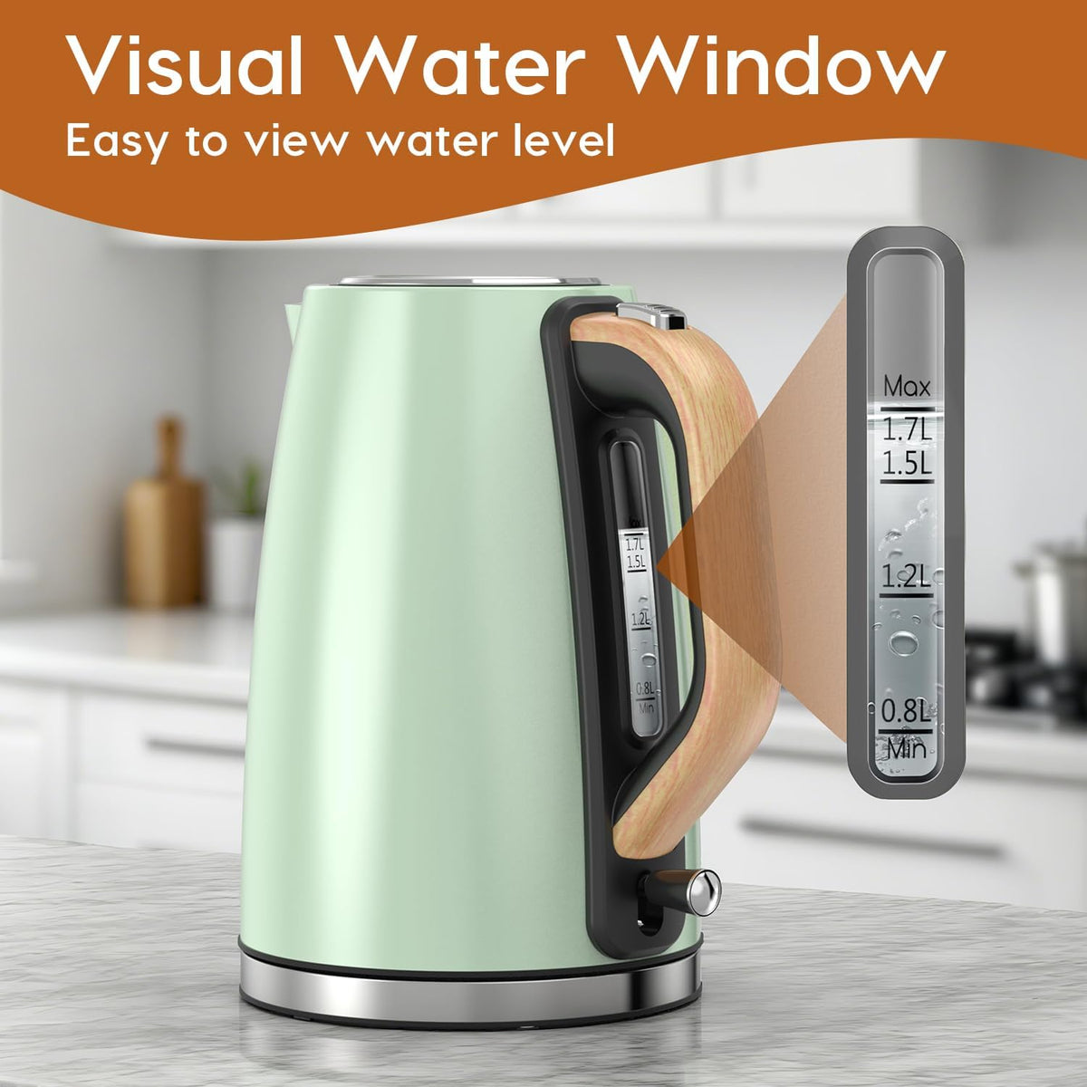 Electric Kettle for Boiling Water, 1.7L Visual Water Window Stainless Steel Electric Water Kettle, 1500W BPA-Free Hot Water Kettle Pot, Auto Shut Off & Boil-Dry Protection, Green