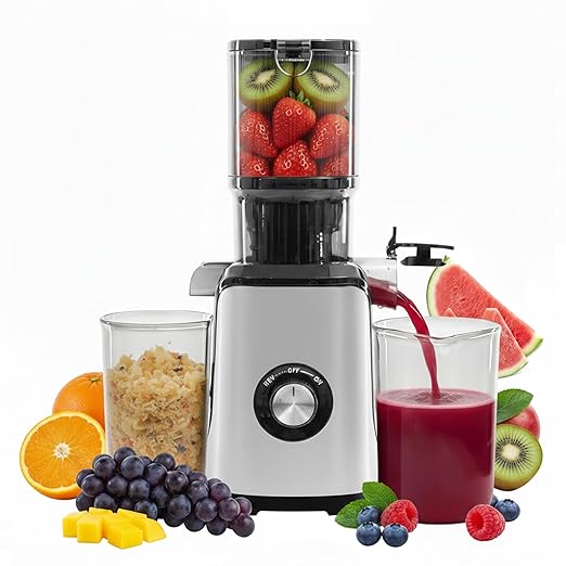 Simple Deluxe Cold Press Juicer, Slow Masticating Juicer Machines with Wide Feed Chute, Fits Whole Fruits and Vegetables, High Juice Yield, BPA Free, Easy to Clean, Silver