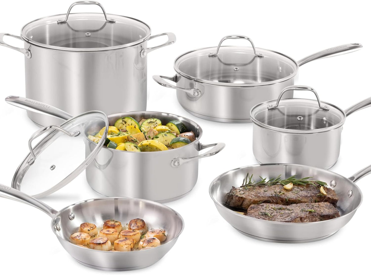 Guy Fieri's Flavortown 10-Piece Stainless Steel Cookware Set - Includes Frying Pans, Saucepans, Saute Pan and Stock Pot - Pots and Pans, Oven-Safe up to 500F